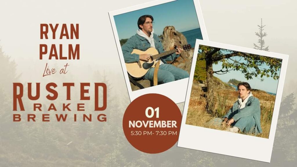 Advertisement for Ryan Palm's Live Performance at Rusted Rake Brewing on Wednesday, November 1, 2023